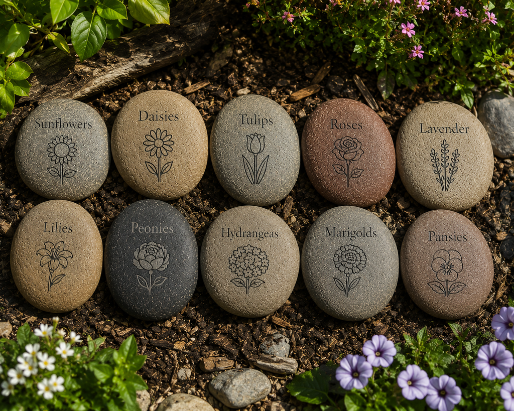 Engraved River Rock Flower, Vegetable & Herb Garden Markers – Set of 10 Natural Stone Plant Labels