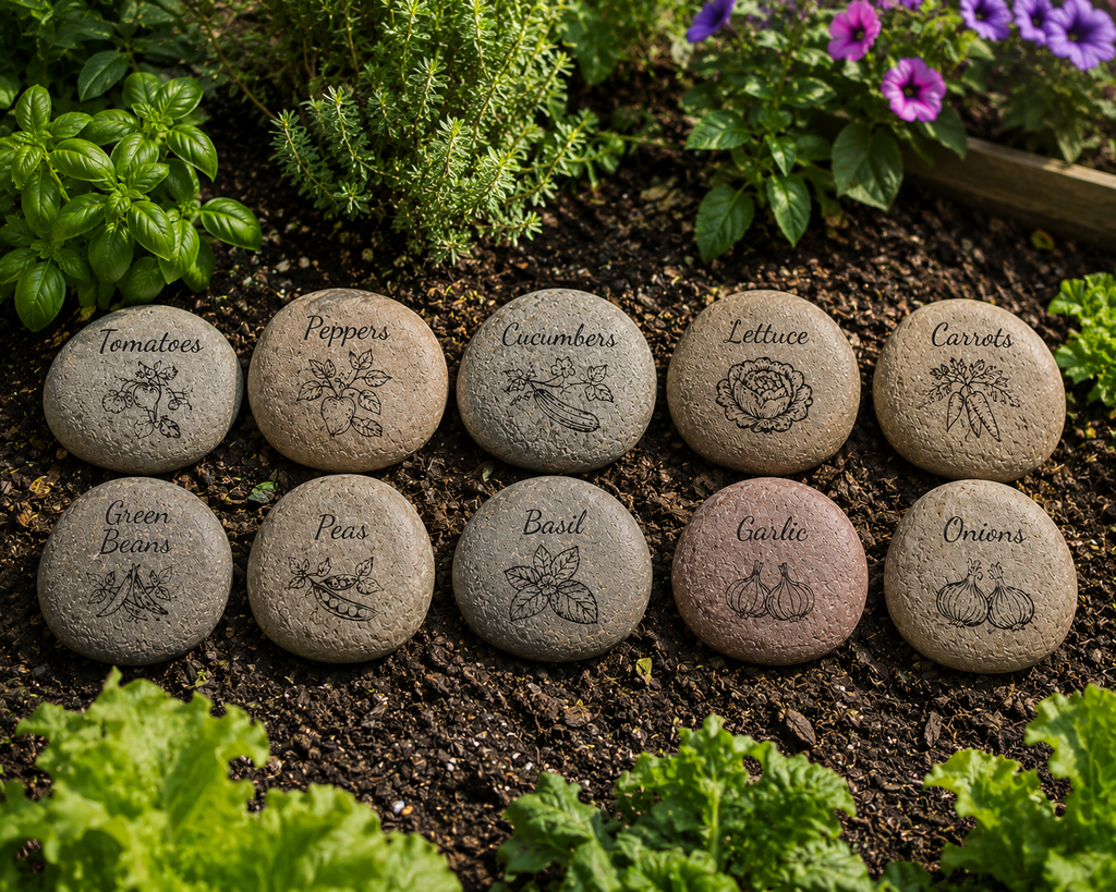 Engraved River Rock Flower, Vegetable & Herb Garden Markers – Set of 10 Natural Stone Plant Labels