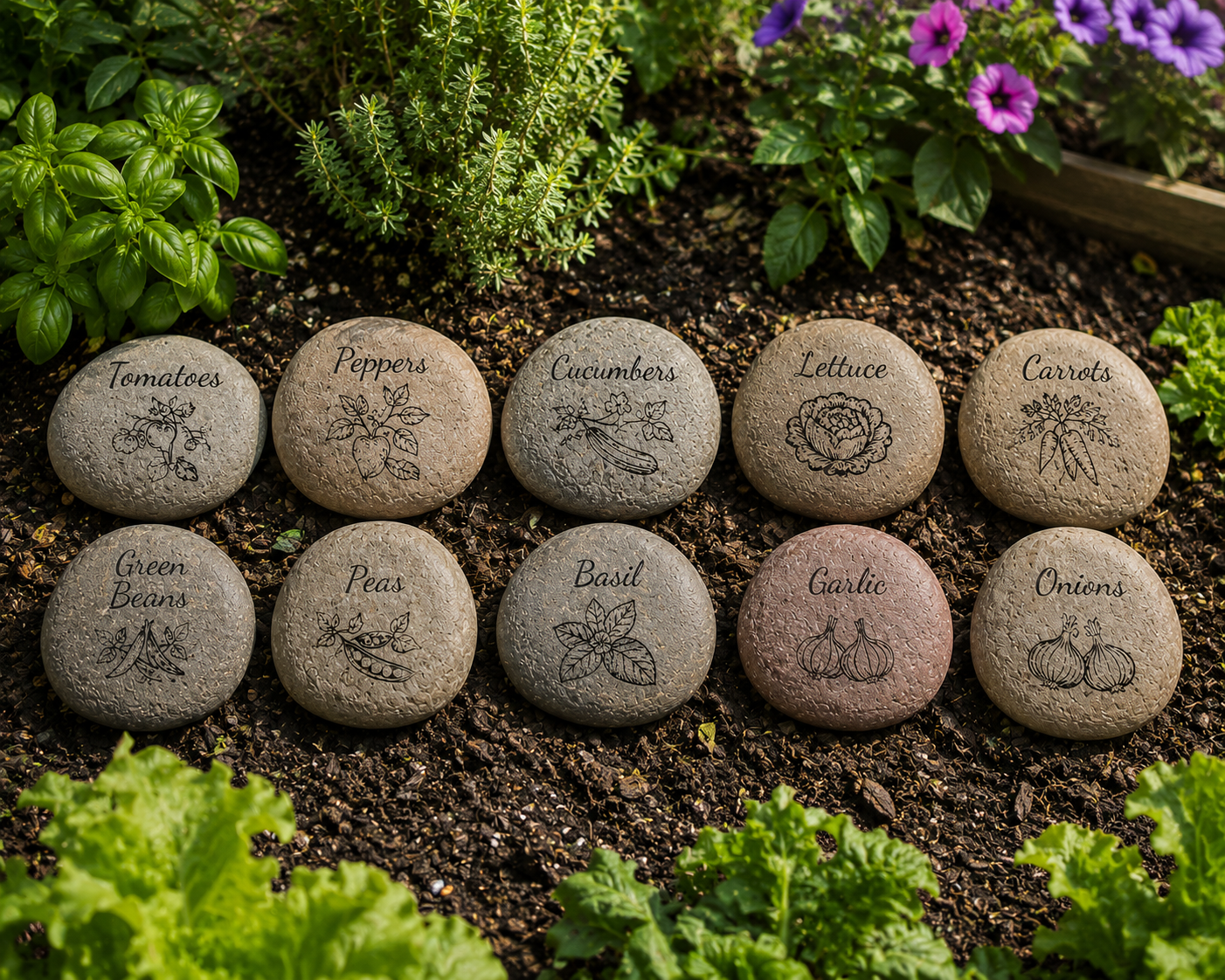 Engraved River Rock Flower, Vegetable & Herb Garden Markers – Set of 10 Natural Stone Plant Labels