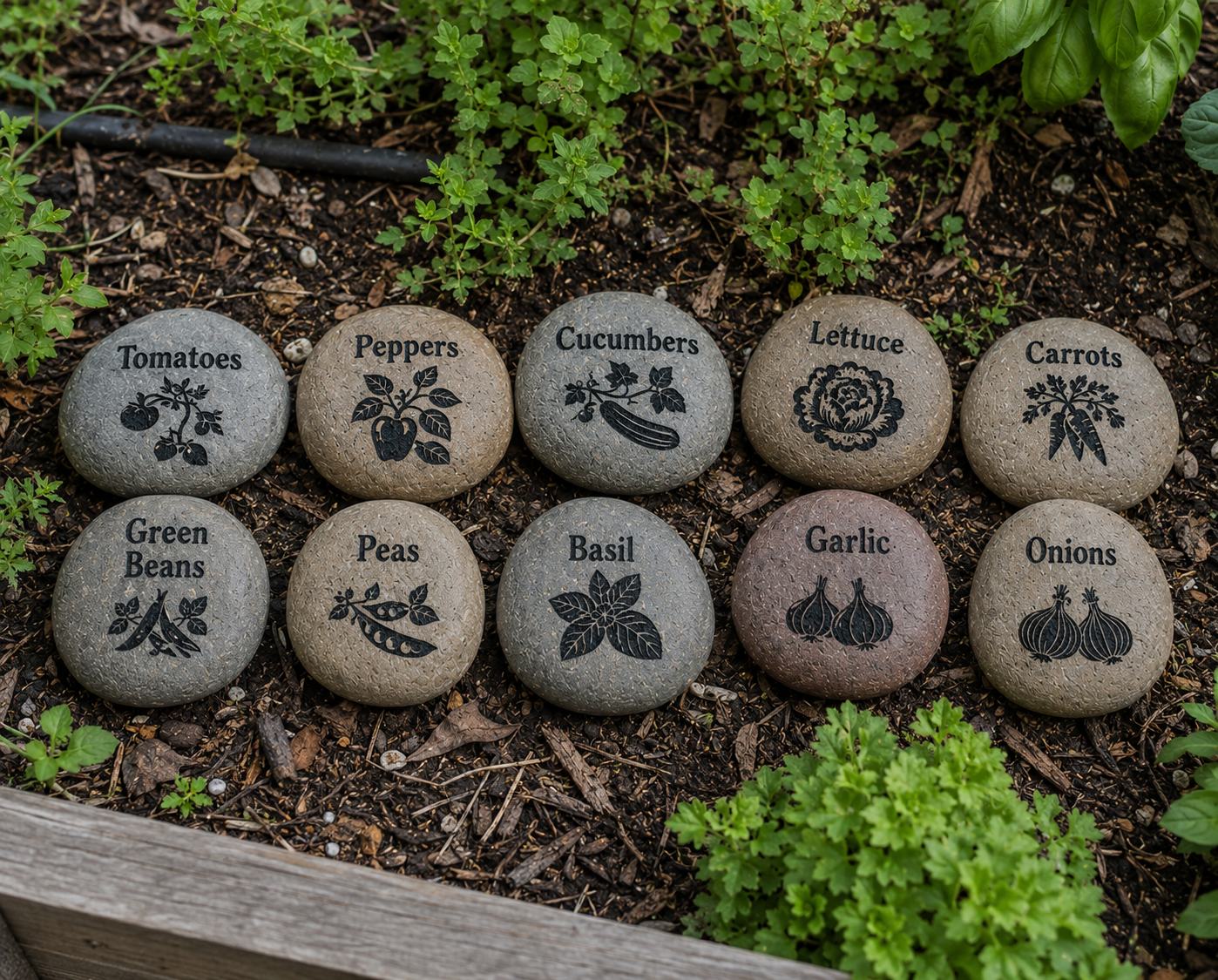 Engraved River Rock Flower, Vegetable & Herb Garden Markers – Set of 10 Natural Stone Plant Labels