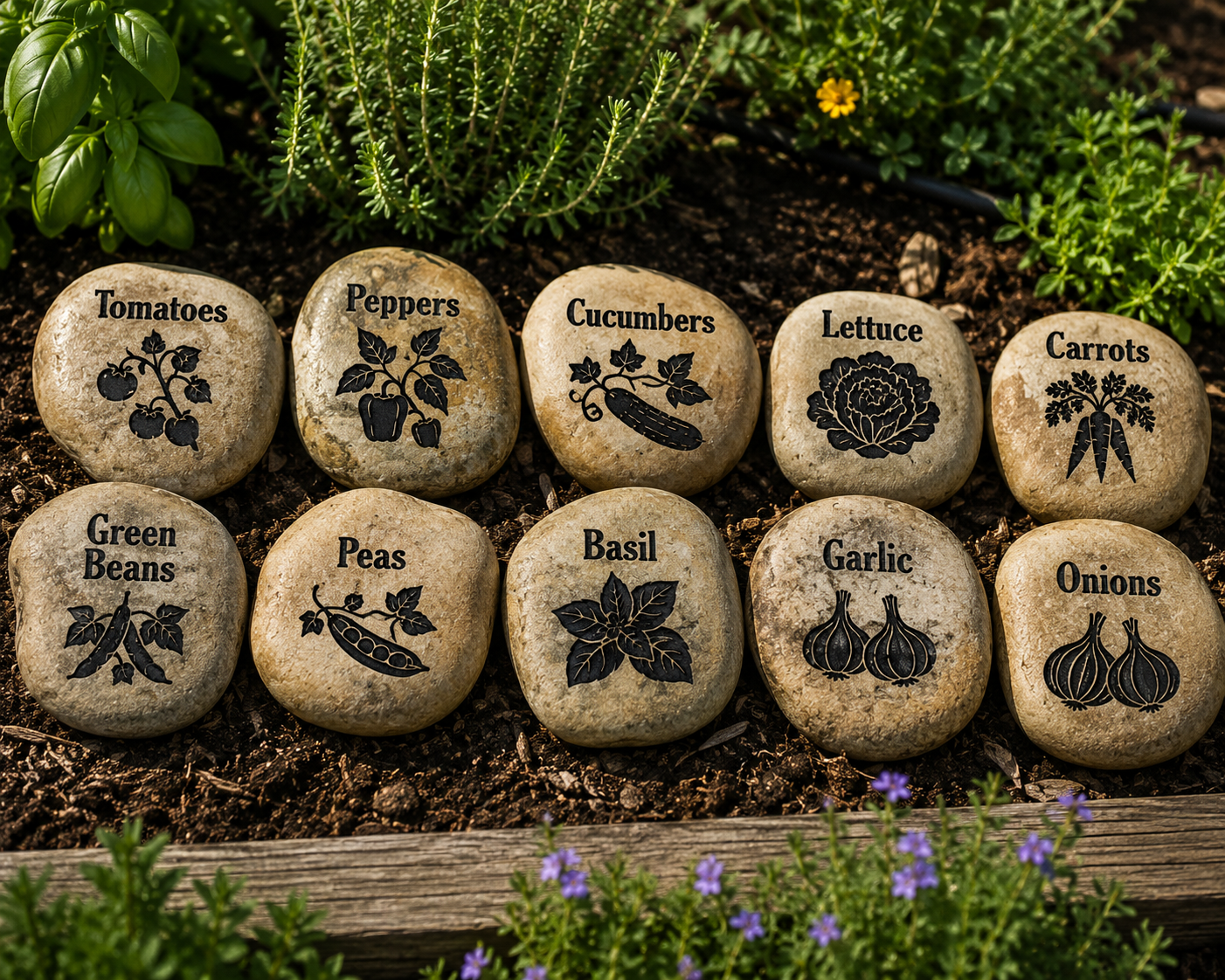 Engraved River Rock Flower, Vegetable & Herb Garden Markers – Set of 10 Natural Stone Plant Labels