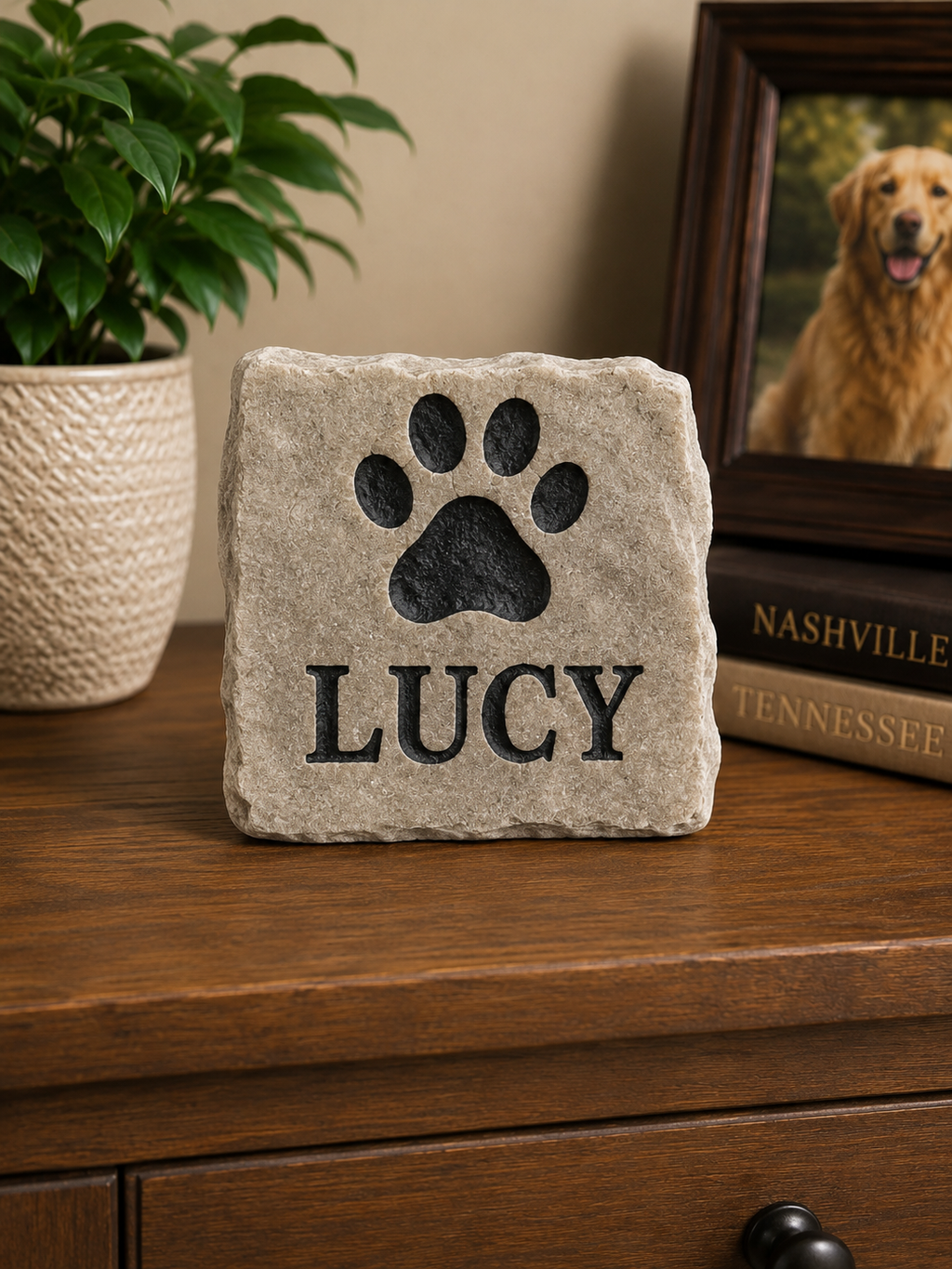 Personalized Pet Name Stone with Paw Print
