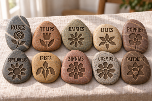 Engraved River Rock Flower, Vegetable & Herb Garden Markers – Set of 10 Natural Stone Plant Labels