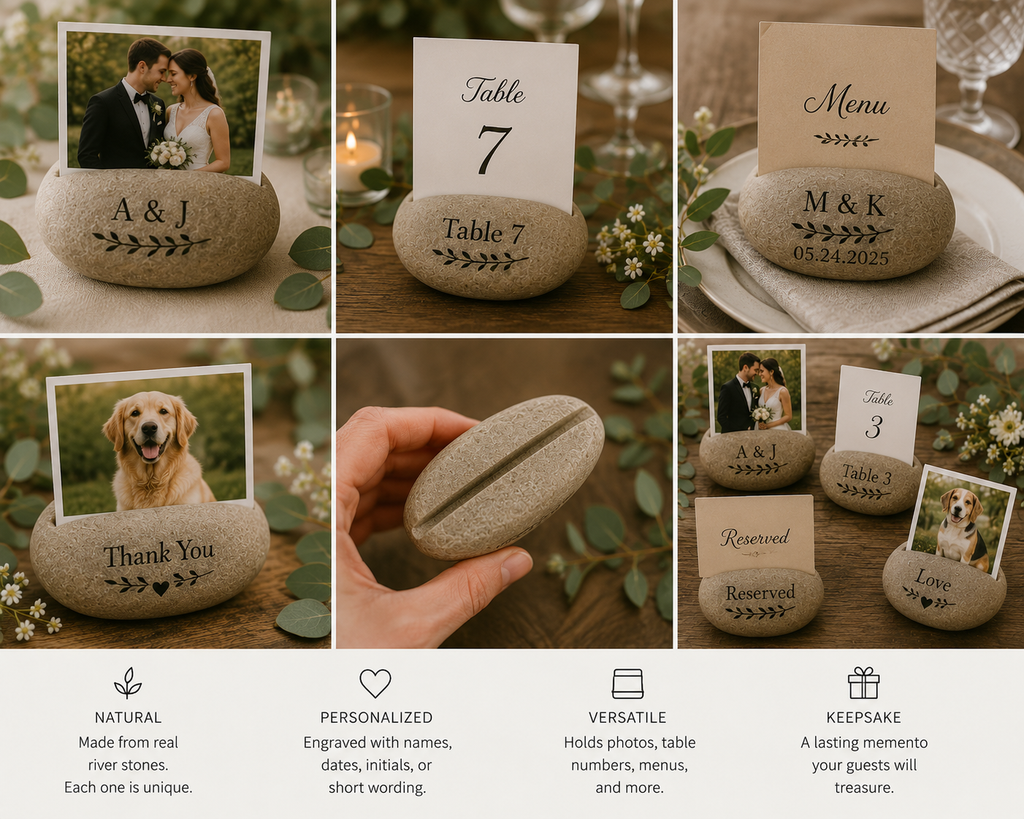 Personalized Mini Stone Photo Holder – Engraved River Rock Place Card & Table Number Stand